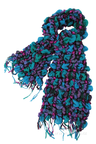 Šál pokrčeného cca 35 x 200 cm vzhľadu tyrkys.-modro-fuchs.