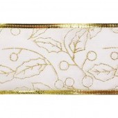 Darčeková dekoračná sieťovaná stuha, zlatá s lístkami