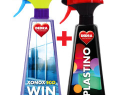 Sada 1+1 na ČISTÁ OKNA čistič na okna, skla i zrcadla XONOX ECO WIN + čistič plastových povrchů PLASTINO ECOLOGIX spray 