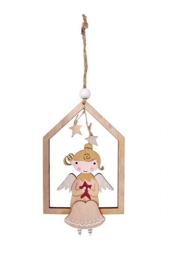 Drevená ozdoba v tvare domčeka s roztomilou aplikáciou anjela 16 cm 