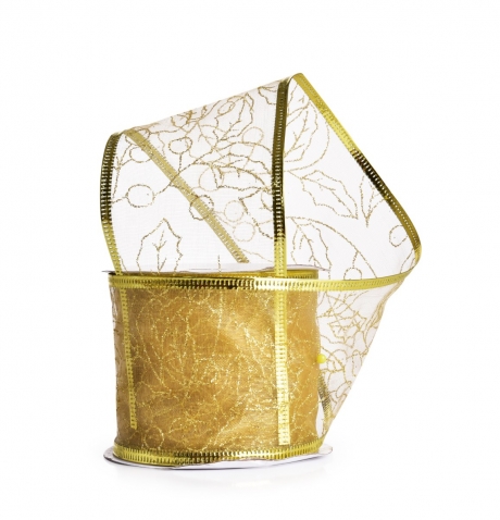 Darčeková dekoračná sieťovaná stuha, zlatá s lístkami