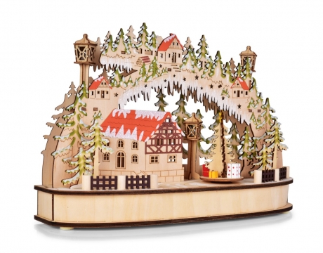Svietiaca lesná dedinka s otáčajúcim sa kolotočom a LED osvetlením 35 cm 