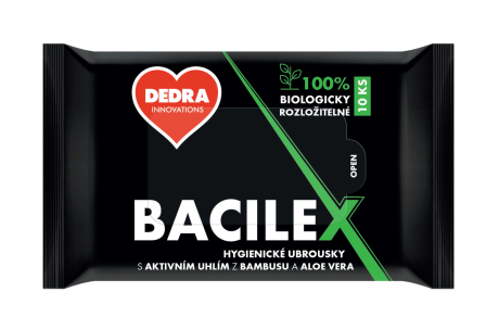 10 ks vlhčené hygienické ubrousky BACILEX® s aktivním bambusovým uhlím a Aloe Vera 