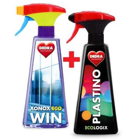 Sada 1+1 na ČISTÁ OKNA čistič na okna, skla i zrcadla XONOX ECO WIN + čistič plastových povrchů PLASTINO ECOLOGIX spray 