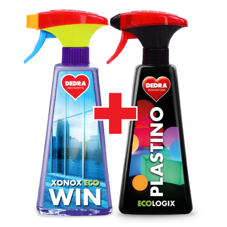 Sada ČISTÁ OKNA 1+1 pěnový čistič na okna, skla i zrcadla XONOX ECO WIN + EKO intenzivní čistič plastových povrchů PLASTINO ECOLOGIX spray 